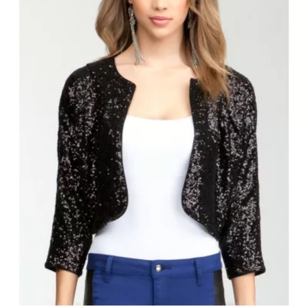 Bebe Black Sequin Cropped cardigan jacket - perfect for your holiday party!